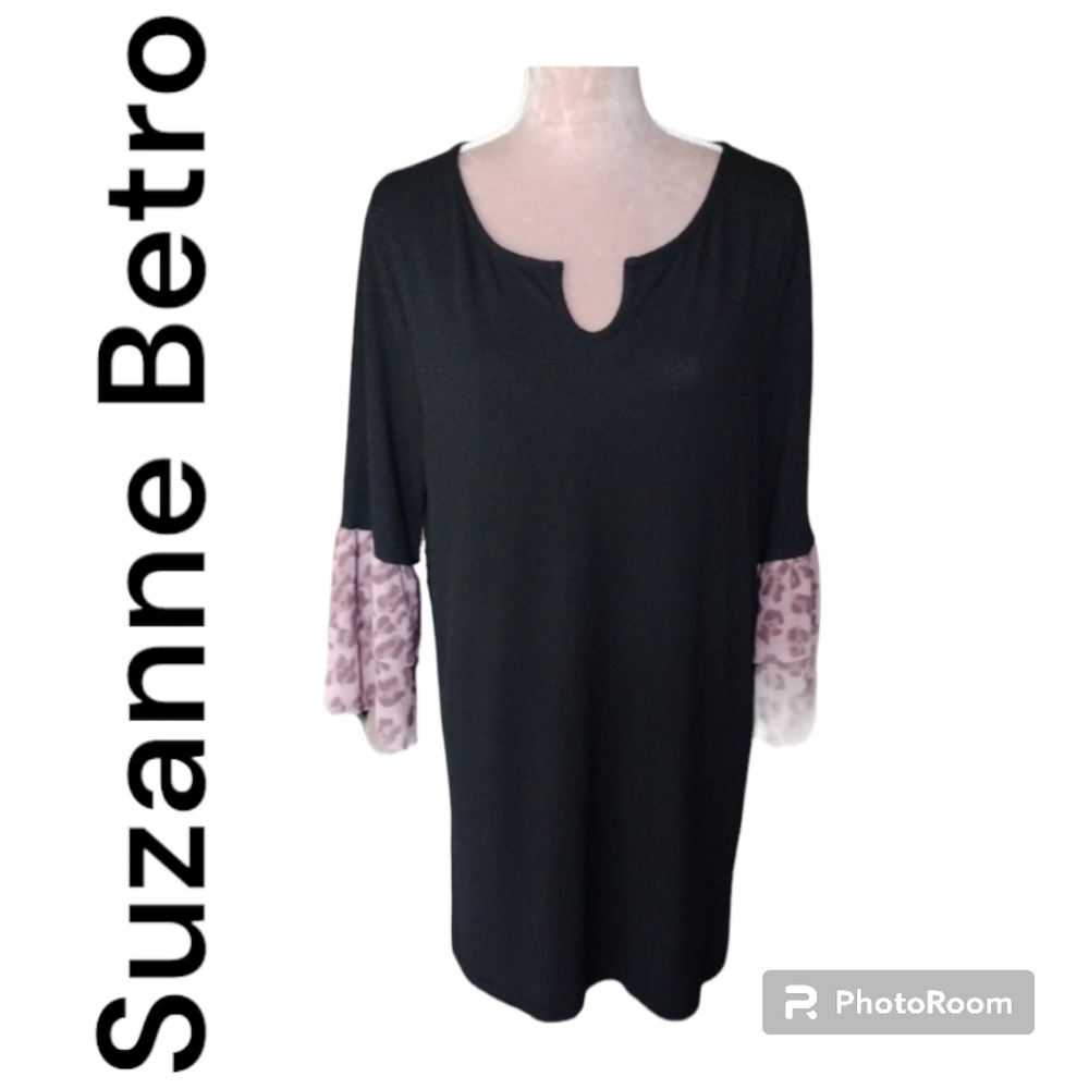 SUZANNE BETRO| RELAXED JERSEY DRESS W DBLE LAYERED LEOPARD PRINT CUFF SIZE L